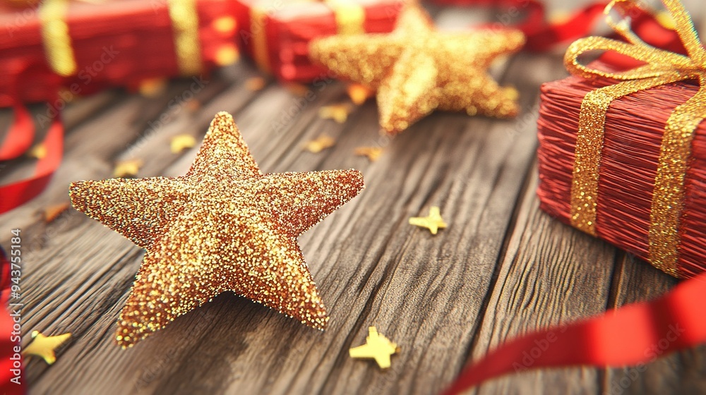 Festive golden star and wrapped gifts on a wooden table during the holiday season, surrounded by red ribbons and shiny confetti Festive golden star and wrapped gifts on a wooden table during the holiday season, surrounded by red ribbons and shiny confetti