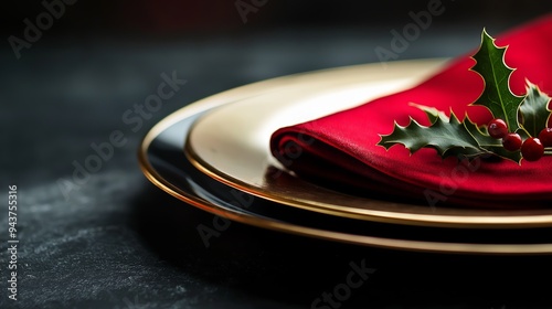 Luxurious christmas table setting with gold plate, red napkin, and holly leaves on a dark background, perfect for festive gatherings