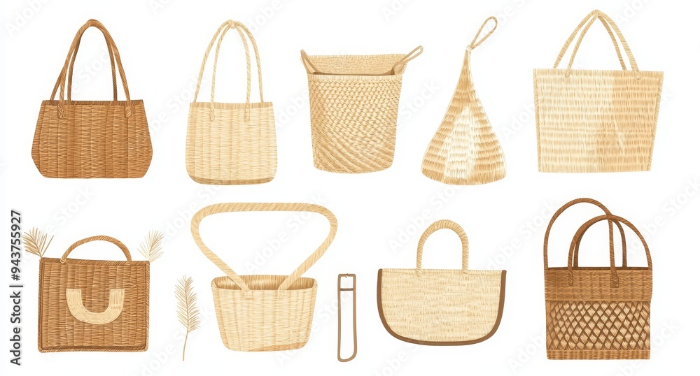 There are various cartoon baskets depicted: wicker picnic baskets, bamboo fabric Easter baskets, straw hampers, and baskets of flowers with wooden handles. There are various cartoon baskets depicted: wicker picnic baskets, bamboo fabric Easter baskets, straw hampers, and baskets of flowers with wooden handles.