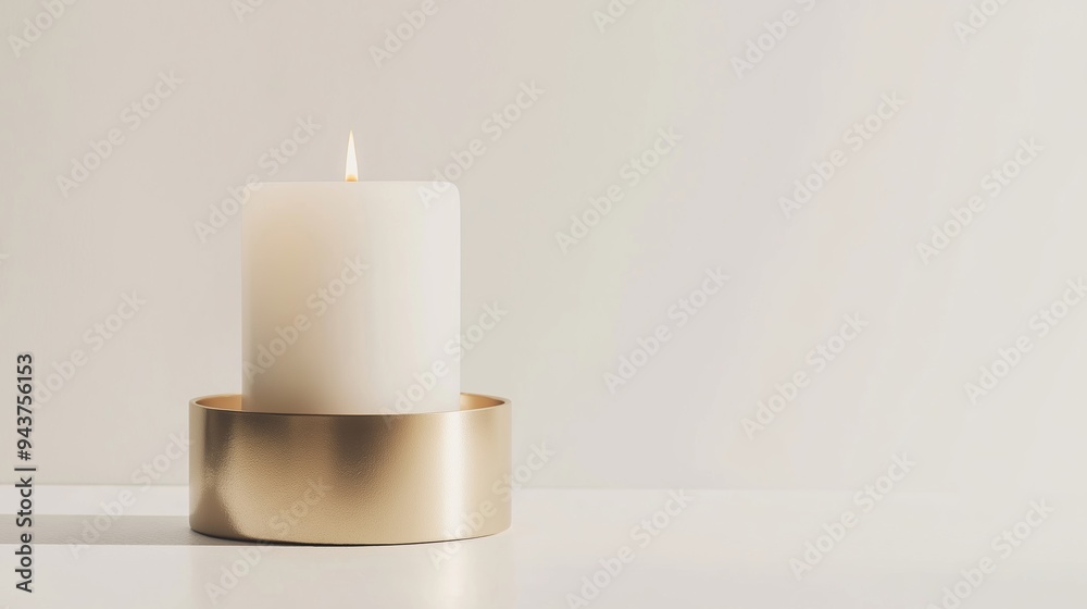 Single white candle is burning in a golden candle holder on a white surface, providing a warm and inviting glow. The neutral background enhances the serene atmosphere Single white candle is burning in a golden candle holder on a white surface, providing a warm and inviting glow. The neutral background enhances the serene atmosphere