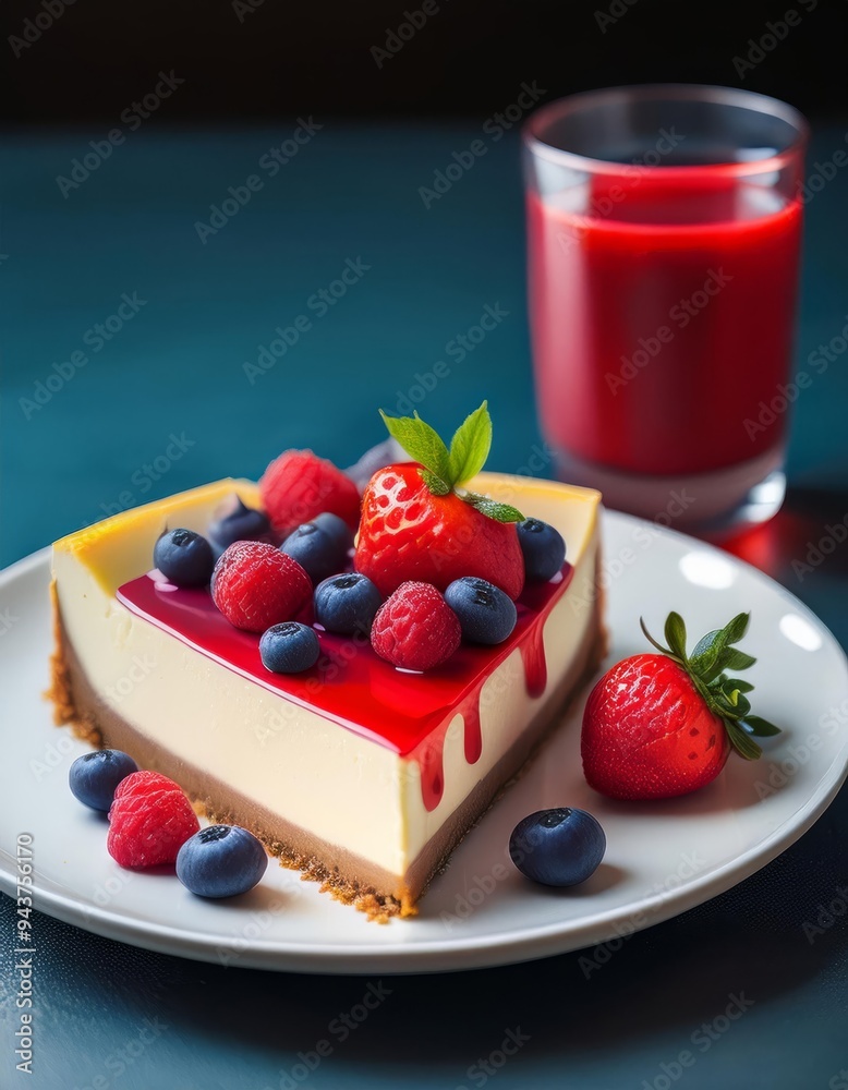 Piece of cheesecake with fresh berries on a blue background. Piece of cheesecake with fresh berries on a blue background.