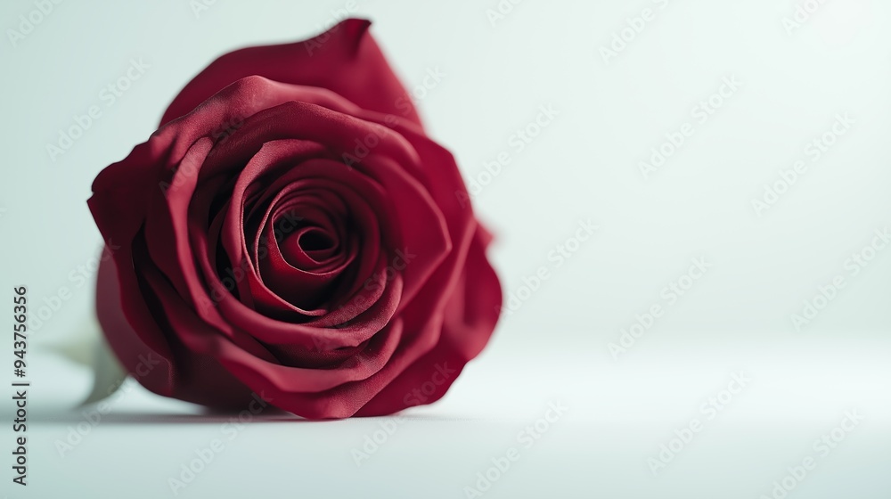 Single red rose lies on a white background, its petals forming a beautiful spiral. The image evokes feelings of love, romance, and beauty Single red rose lies on a white background, its petals forming a beautiful spiral. The image evokes feelings of love, romance, and beauty