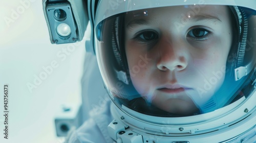 The baby astronaut's face is visible through the helmet of a high-tech mobility suit, set against a smooth, neutral background.