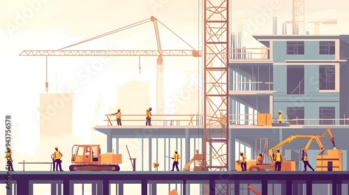 Vector illustration of a group of people working on a construction site, building a stairway and a modern yellow backhoe truck with a white background, in a flat design style with simple shapes