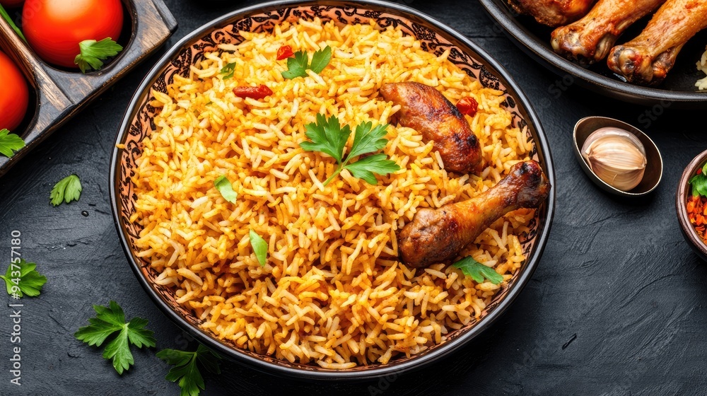 A vibrant bowl of kabsa shows steaming rice mixed with flavorful chicken and spices, creating an enticing presentation perfect for a cultural feast or family meal A vibrant bowl of kabsa shows steaming rice mixed with flavorful chicken and spices, creating an enticing presentation perfect for a cultural feast or family meal