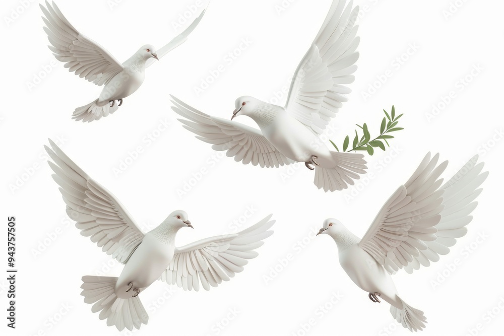Peace dove icon, pigeons, twigs 3d realistic collection. Flying birds silhouettes on white Peace dove icon, pigeons, twigs 3d realistic collection. Flying birds silhouettes on white