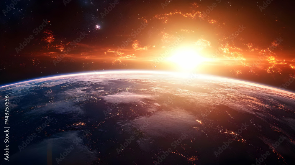 A stunning view of Earth from space as the sun rises over the horizon, casting a warm glow on the planet. A stunning view of Earth from space as the sun rises over the horizon, casting a warm glow on the planet.