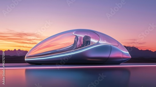 Futuristic translucent vehicle gliding through pastel skies, its sleek form a blend of soft monochrome hues in a perfectly balanced design