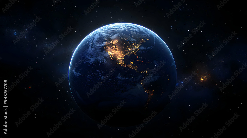 A stunning view of Earth from space at night with city lights illuminating the continents. A stunning view of Earth from space at night with city lights illuminating the continents.