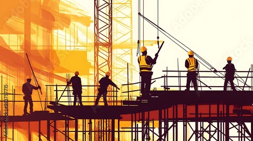 Vector illustration of a group of people working on a construction site, building a stairway and a modern yellow backhoe truck with a white background, in a flat design style with simple shapes
