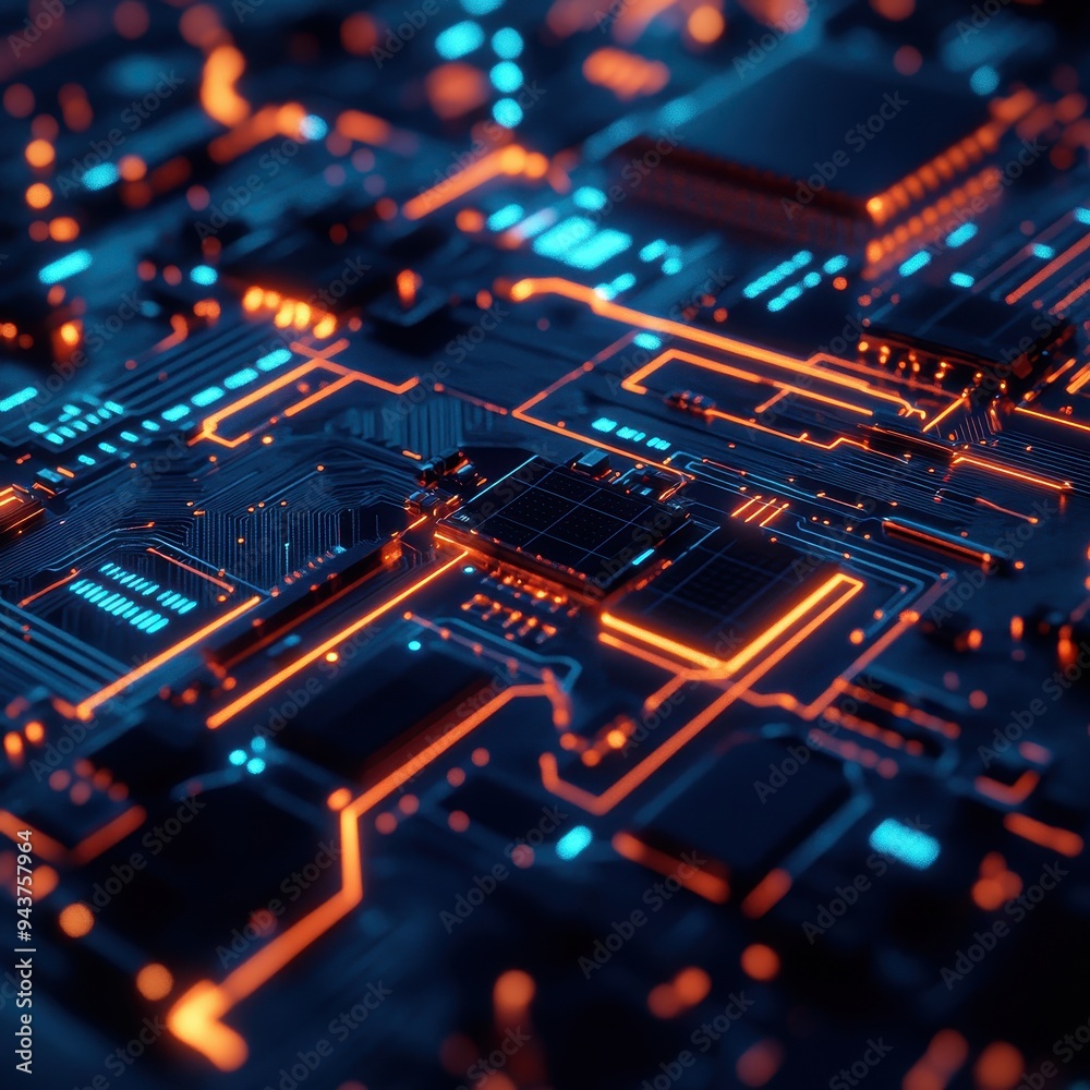 Abstract Futuristic Circuit Board with Glowing Orange and Blue Lines - High Tech Background. Abstract Futuristic Circuit Board with Glowing Orange and Blue Lines - High Tech Background.