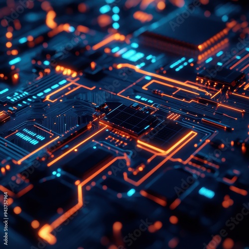 Abstract Futuristic Circuit Board with Glowing Orange and Blue Lines - High Tech Background.