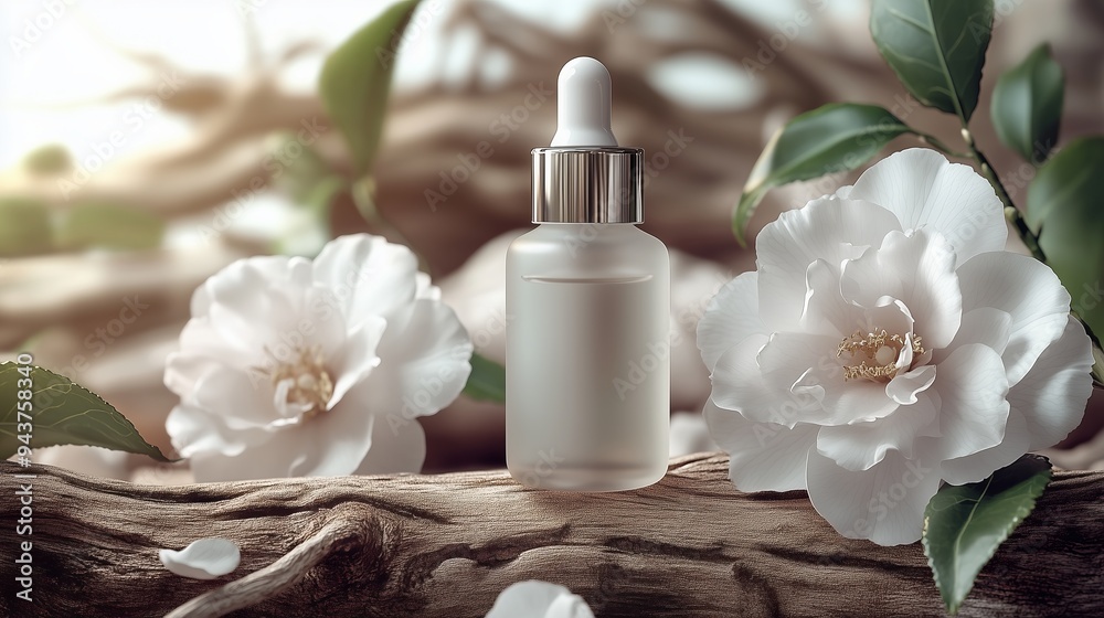 A serum essence in glass bottle, standing on wood, surrounded by camellia flowers. A serum essence in glass bottle, standing on wood, surrounded by camellia flowers.