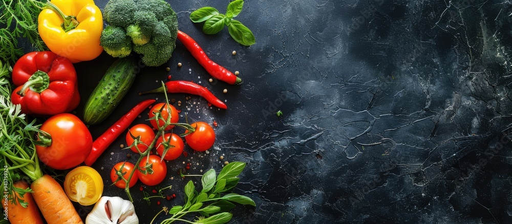 Fresh vegetables on a black table with copyspace Fresh vegetables on a black table with copyspace