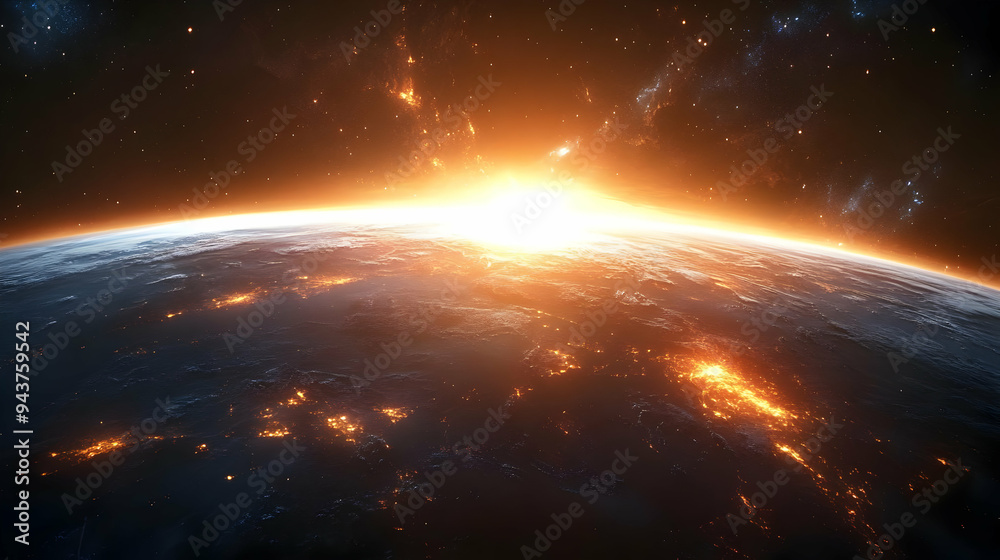 A stunning view of Earth from space with the sun rising over the horizon.