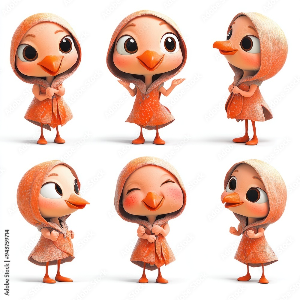 Fototapeta premium A cute animated character resembling a bird in various poses and expressions.