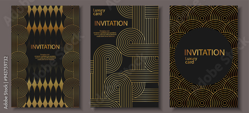 Luxury invitation art deco card background set. Abstract Gold geometric shape, gold line gradient on dark background. Premium design for gala, grand opening, party invitation, layout, templates.	