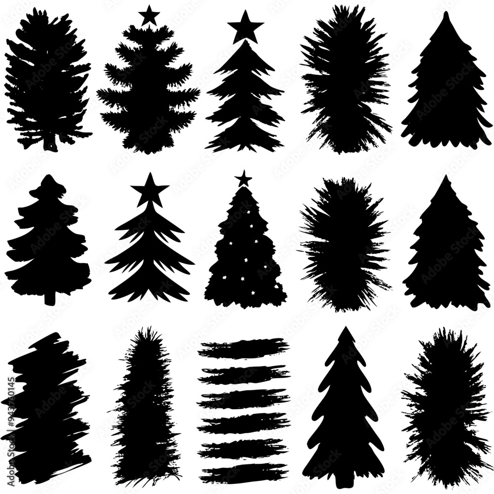 Fototapeta premium Silhouettes of various Christmas trees on a white background