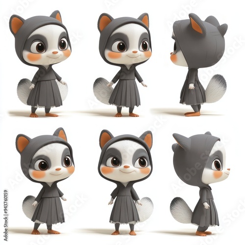 A cute, cartoonish character resembling a fox in a hooded outfit, shown from multiple angles.