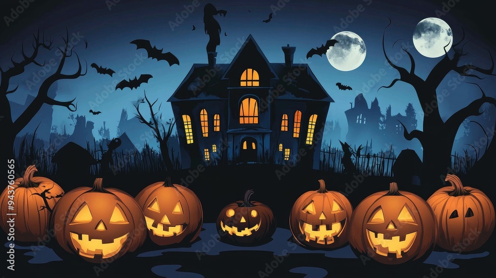 Halloween background with pumpkins and haunted house Halloween background with pumpkins and haunted house