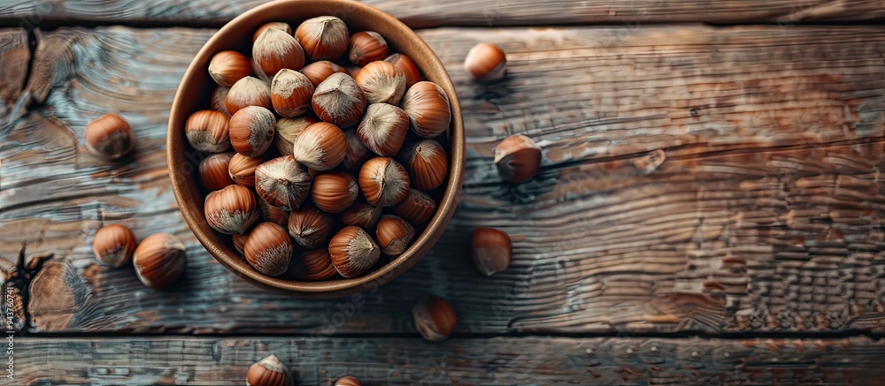Delicious hazelnuts on a wooden table top view Room for text. with copy space image. Place for adding text or design Delicious hazelnuts on a wooden table top view Room for text. with copy space image. Place for adding text or design