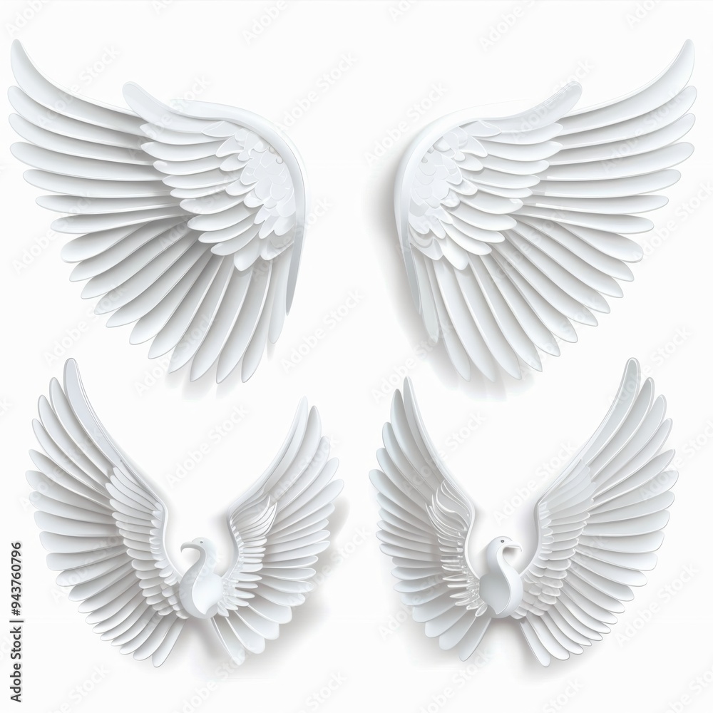 Fototapeta premium Wings icon, angel wings emblem, bird feathers silhouette, pigeon sign, spirituality symbol, elegance flight