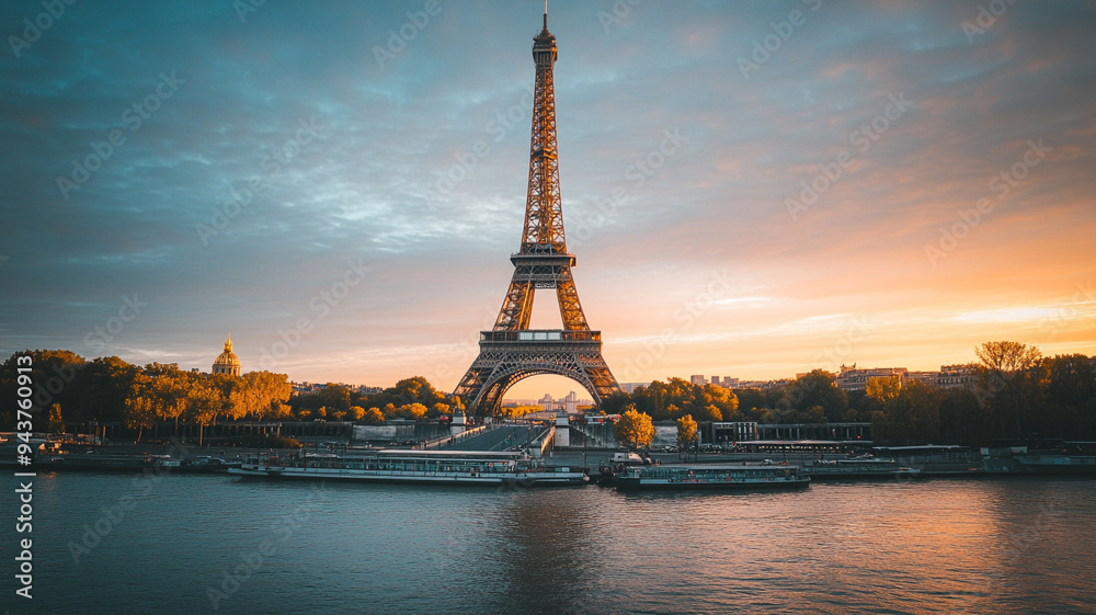 Eiffel Tower at sunset over the Seine River in Paris with vibrant sky and autumn trees reflecting golden light Eiffel Tower at sunset over the Seine River in Paris with vibrant sky and autumn trees reflecting golden light