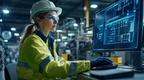 Female engineer monitoring industrial processes on a computer in a factory photo