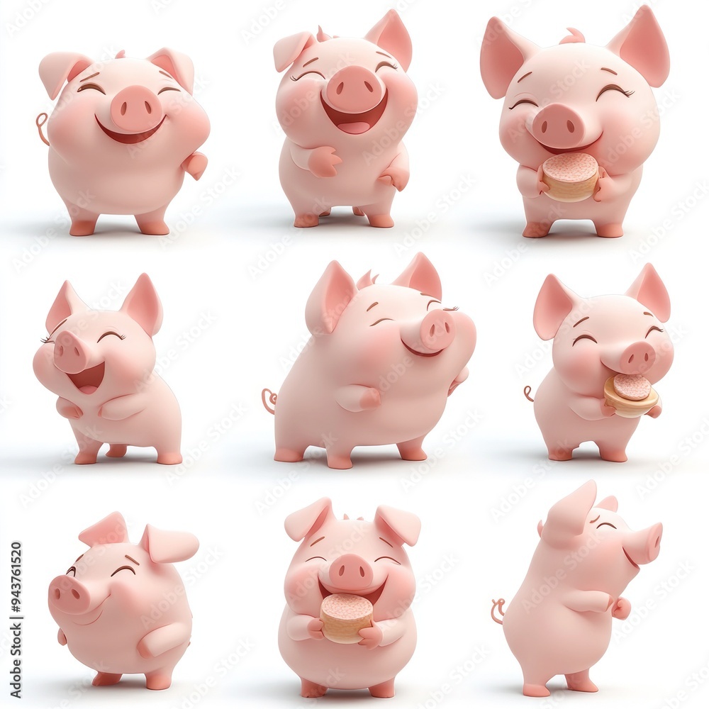 A playful arrangement of cartoon pigs displaying various happy expressions. A playful arrangement of cartoon pigs displaying various happy expressions.