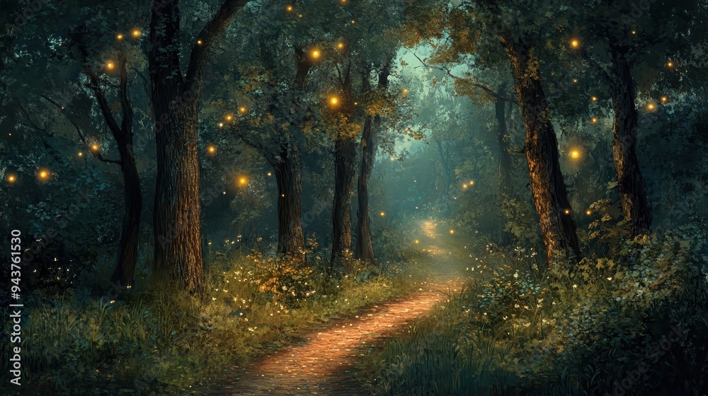 Obraz premium Magical Forest Path with Glowing Fireflies at Dusk.