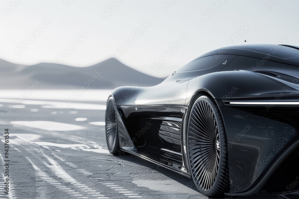Naklejka premium Sleek black car designed for futuristic landscapes, showcasing cutting-edge technology and aerodynamic features.