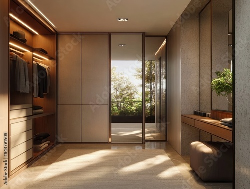 photo of a modern light wardrobe with mirrors