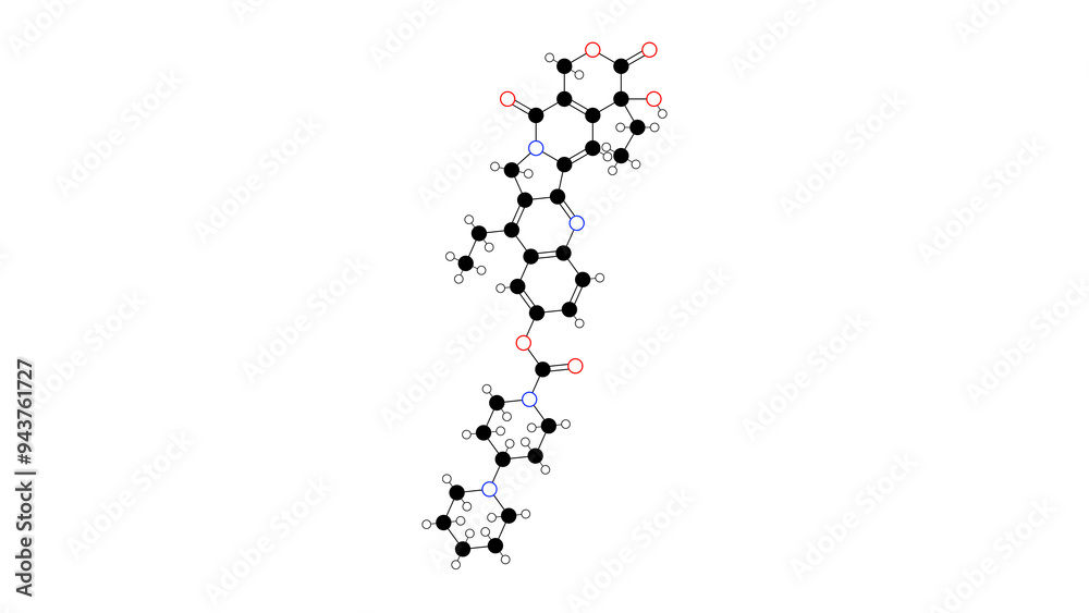 irinotecan molecule, structural chemical formula, ball-and-stick model, isolated image anti-cancer medication irinotecan molecule, structural chemical formula, ball-and-stick model, isolated image anti-cancer medication