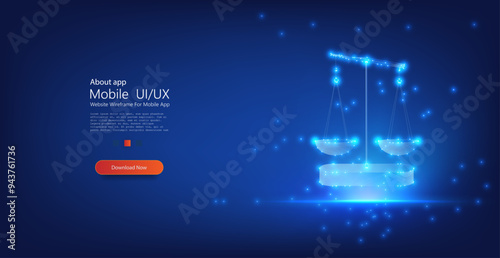 A glowing digital representation of the scales of justice, depicted in a futuristic style with a blue light effect. Futuristic Digital Scales of Justice on Blue Background