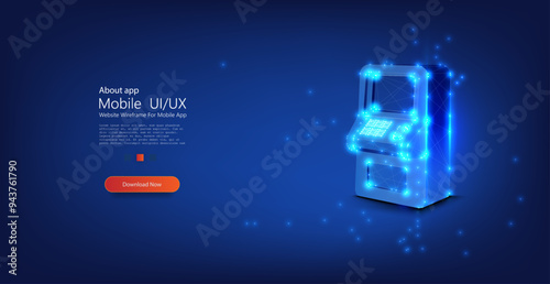A futuristic, glowing blue digital vending machine rendered in a wireframe design. This vector illustration captures a modern and tech-driven approach to automated sales systems.