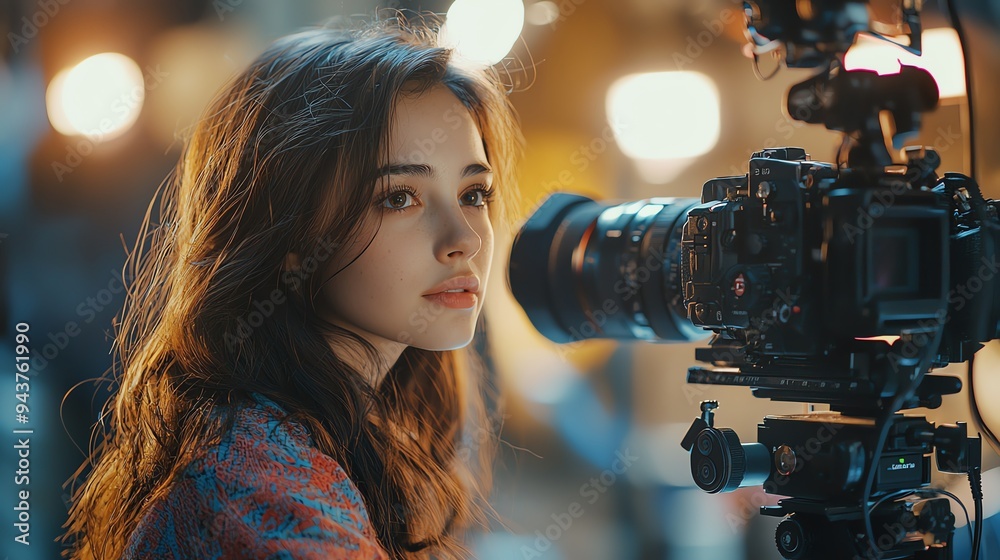 Girl as a director, filming on set, behindthescenes perspective Girl as a director, filming on set, behindthescenes perspective