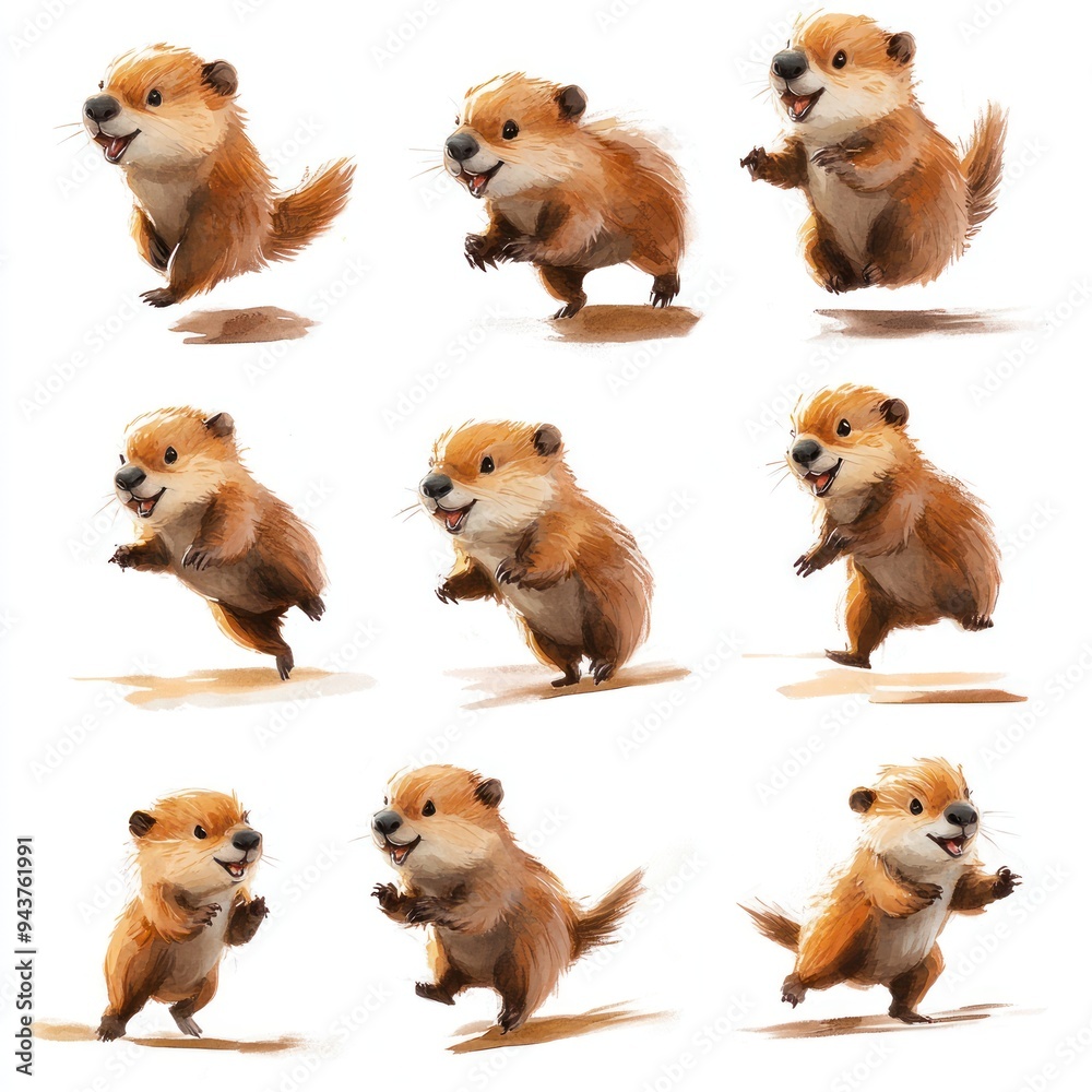 A series of playful cartoon otters in various running poses. A series of playful cartoon otters in various running poses.