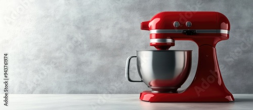 Contemporary red stand mixer on a light gray background with space for text. with copy space image. Place for adding text or design photo