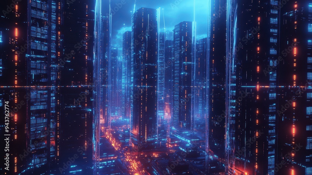 Futuristic Cityscape with Neon Lights and Glowing Buildings at Night. Futuristic Cityscape with Neon Lights and Glowing Buildings at Night.