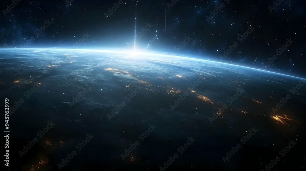 Fototapeta premium A stunning view of Earth from space, showing the planet's curvature, clouds, and city lights against the backdrop of a starry night sky.