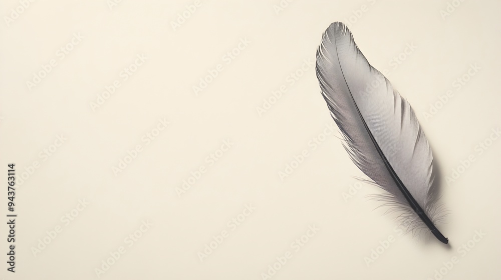 Minimalist Close up Shot of a Single Delicate Bird Feather Resting on a Blank White Background Providing Ample Copy Space for Text Overlay Minimalist Close up Shot of a Single Delicate Bird Feather Resting on a Blank White Background Providing Ample Copy Space for Text Overlay