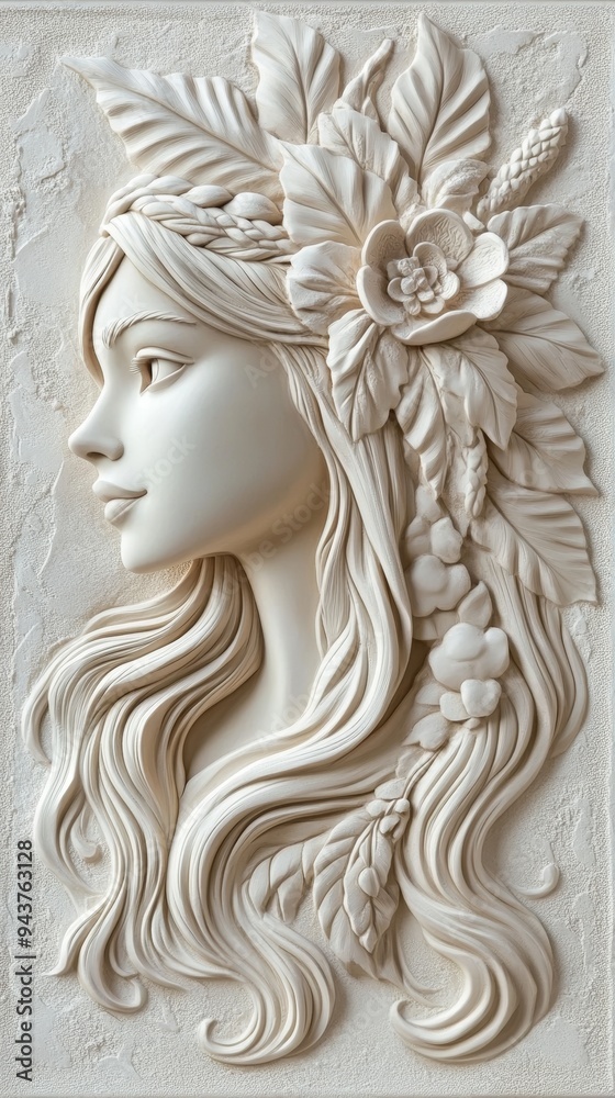Sculpture of a floaty girl and her head made from white marble, artwork Sculpture of a floaty girl and her head made from white marble, artwork