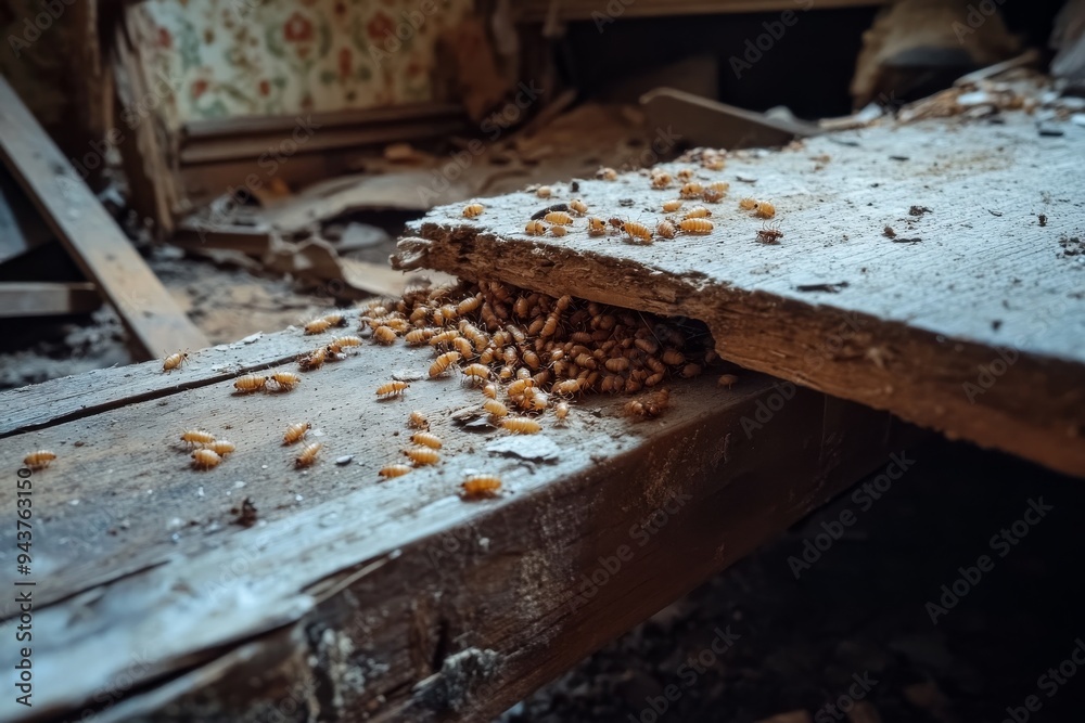 Termites Swarming Around Wooden Beam in an Old House with Copy Space Termites Swarming Around Wooden Beam in an Old House with Copy Space