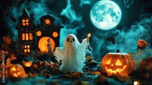 An atmospheric Halloween setting with a full moon, ghostly figures, and scattered Halloween props