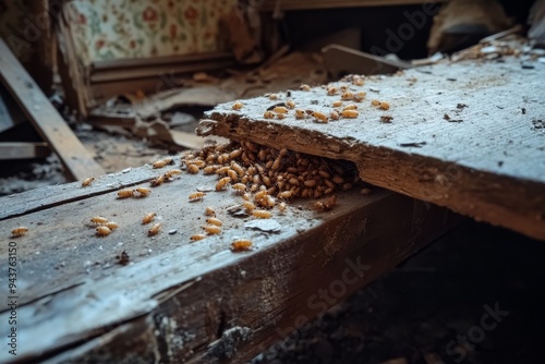 Termites Swarming Around Wooden Beam in an Old House with Copy Space photo