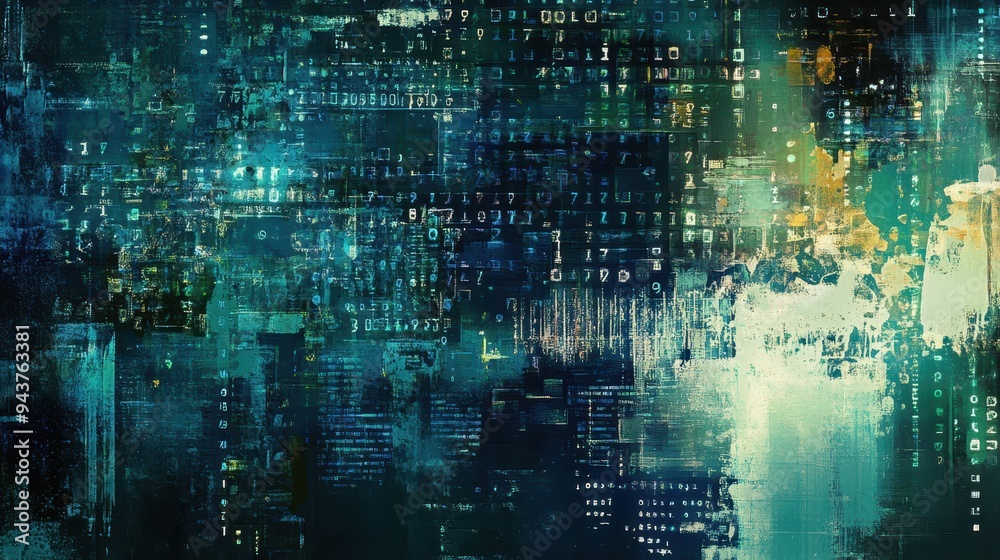 Abstract Digital Glitch Art Background with Teal, Green, and Yellow Colors Abstract Digital Glitch Art Background with Teal, Green, and Yellow Colors