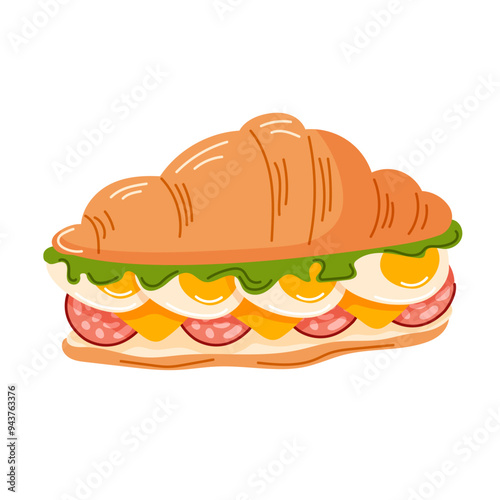Vibrant illustration of a croissant sandwich filled with lettuce, eggs, cheese, and salami in cartoon. Bakery for breakfast, brunch, or a quick snack. Vector illustration on a white background.