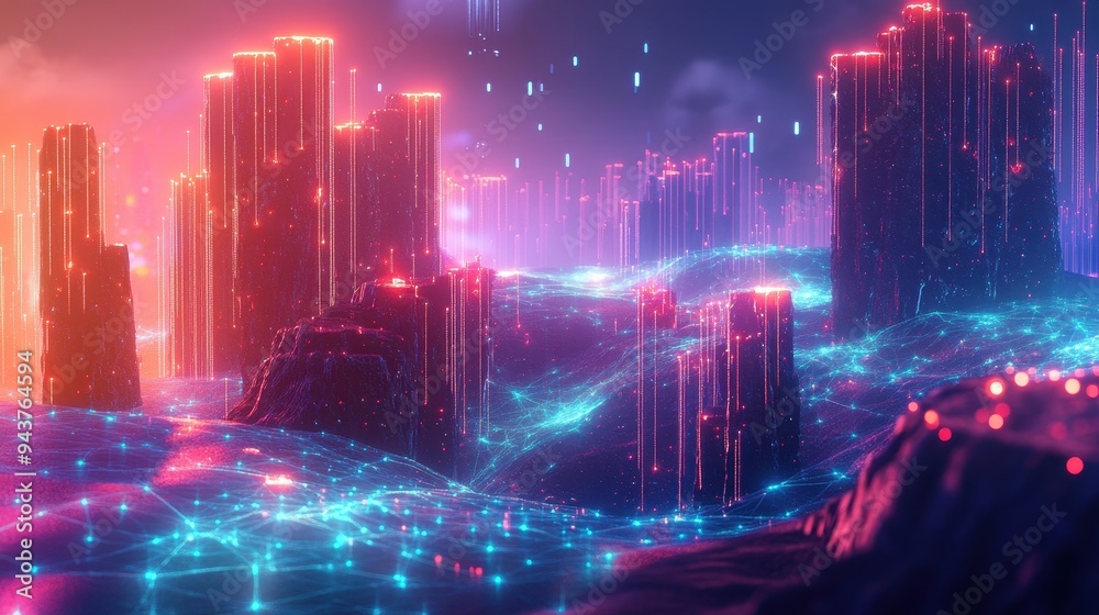 Futuristic Cyberpunk Cityscape with Glowing Neon Lights and Digital Network. Futuristic Cyberpunk Cityscape with Glowing Neon Lights and Digital Network.
