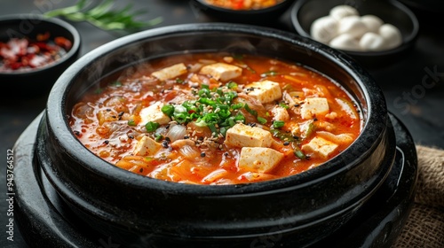 Traditional Korean stew in a hot stone bowl with fresh ingredients photo