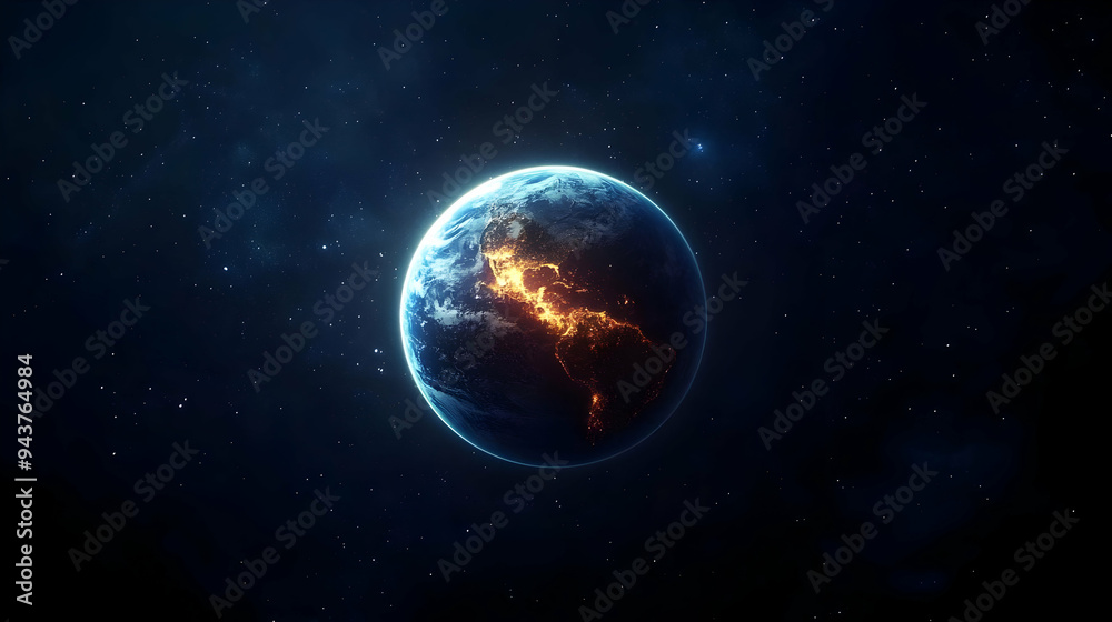 A stunning view of Earth from space, with the lights of cities illuminating the night side. A stunning view of Earth from space, with the lights of cities illuminating the night side.